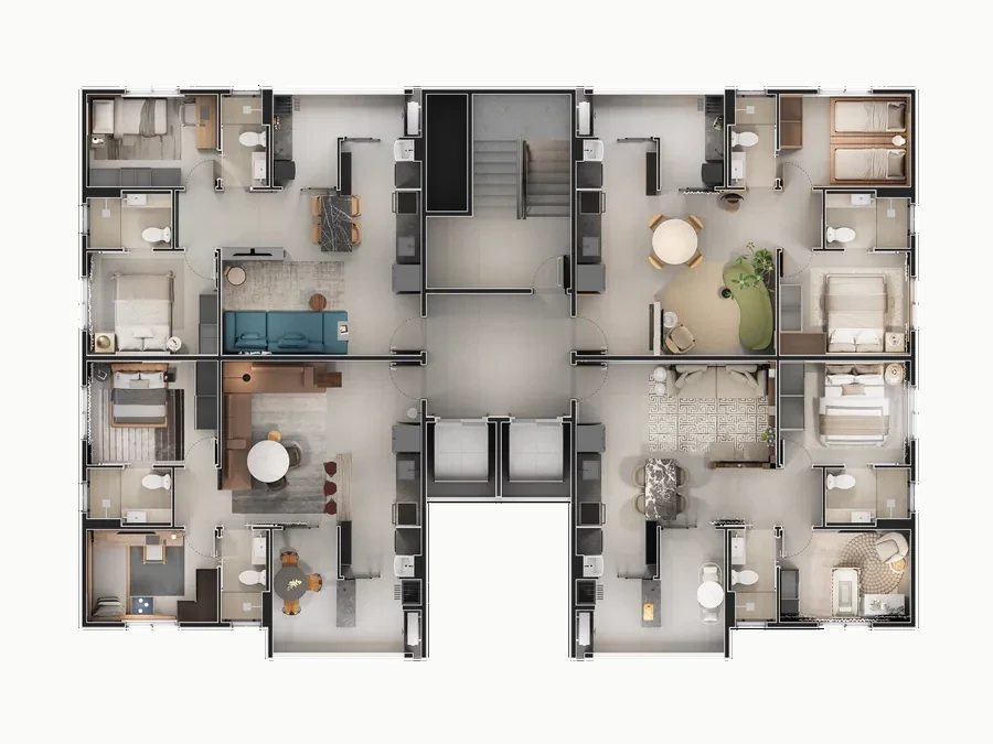 Planta humanizada do pavimento tipo do Salvador Dalí, com os 4 apartamentos por andar