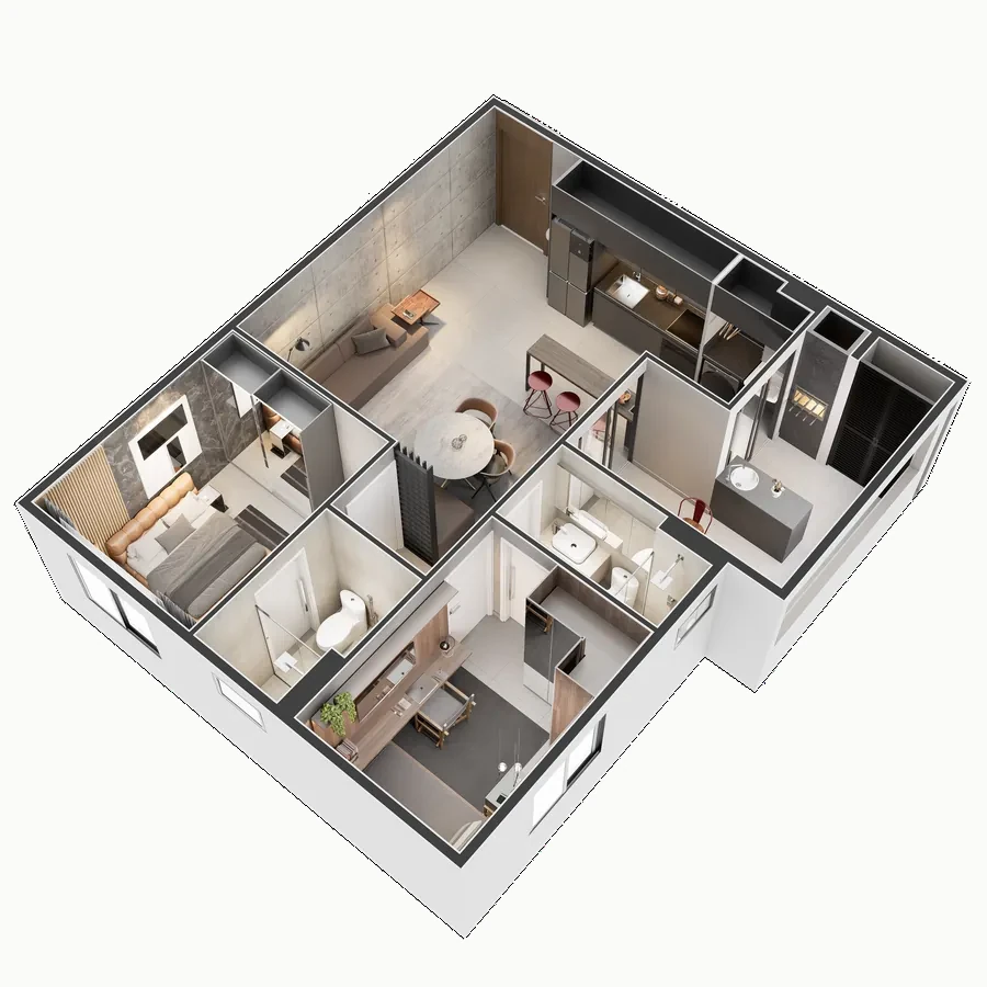 Planta isométrica humanizada do apartamento tipo do Salvador Dalí
