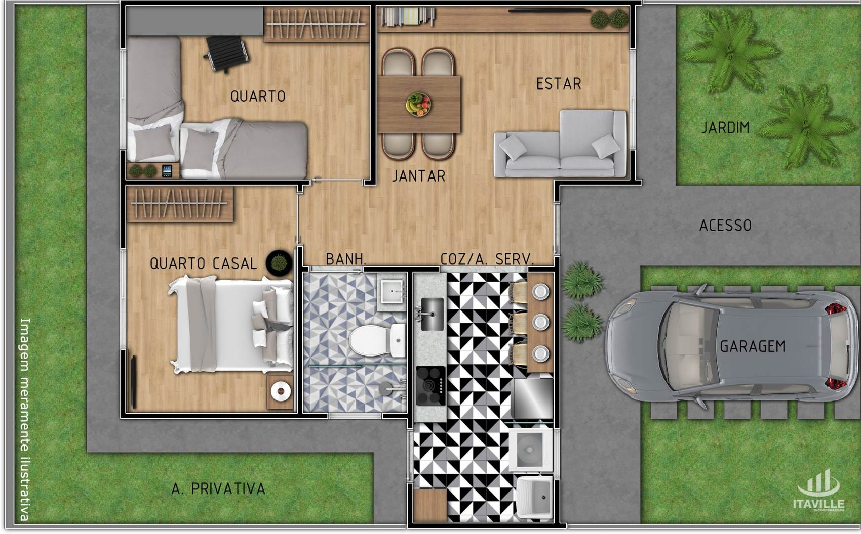 Planta humanizada da casa do Jardim das Palmeiras: quarto, quarto casal, sala de estar e jantar, banheiro, cozinha e área de serviço, área privativa e garagem