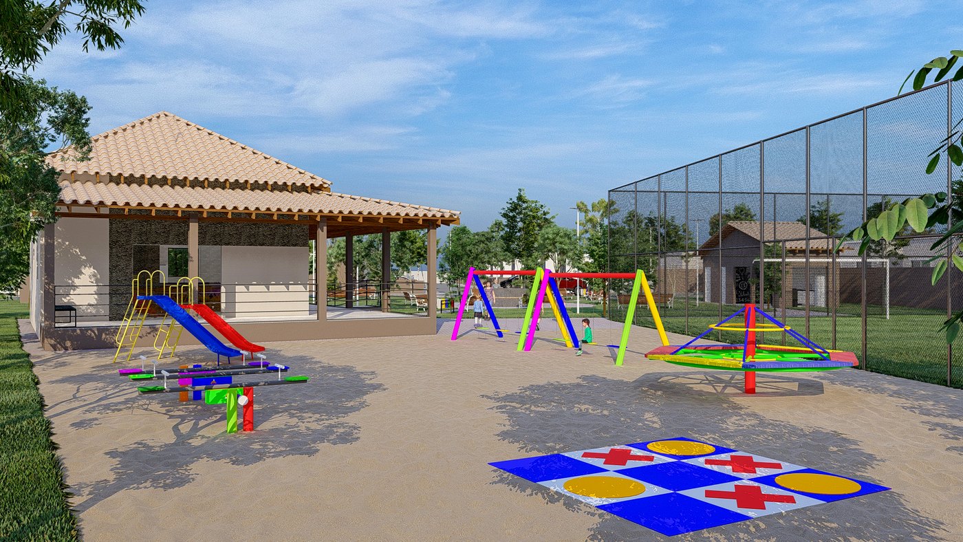 Playground do Jardim das Palmeiras, com brinquedos, piso de areia e quadra ao fundo