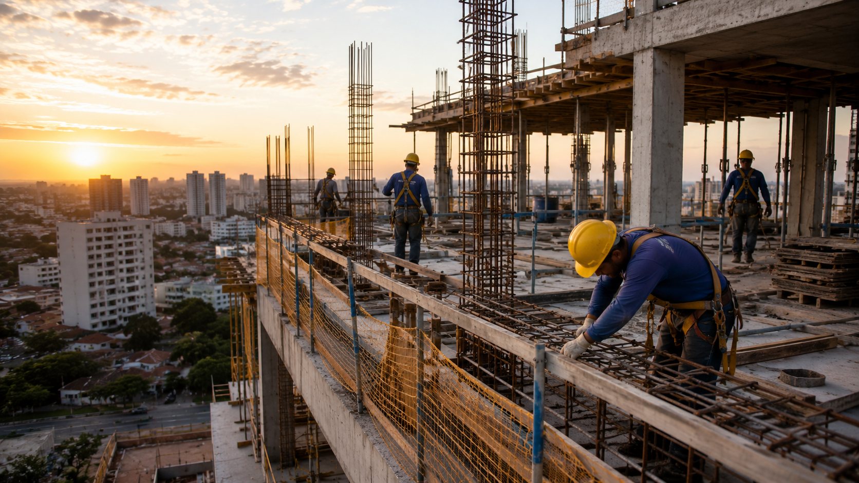 Equipe em obra sobre a laje de um edifício em construção ao fim da tarde