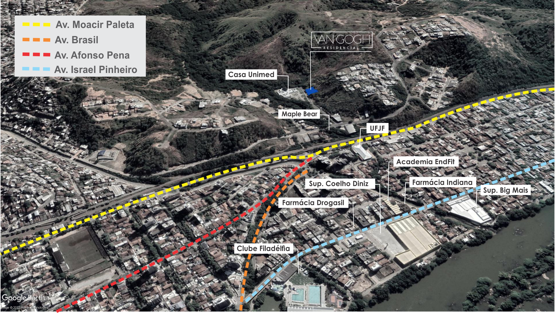 Mapa de localização do Van Gogh Residencial no Belvedere, Governador Valadares, com avenidas e pontos de referência