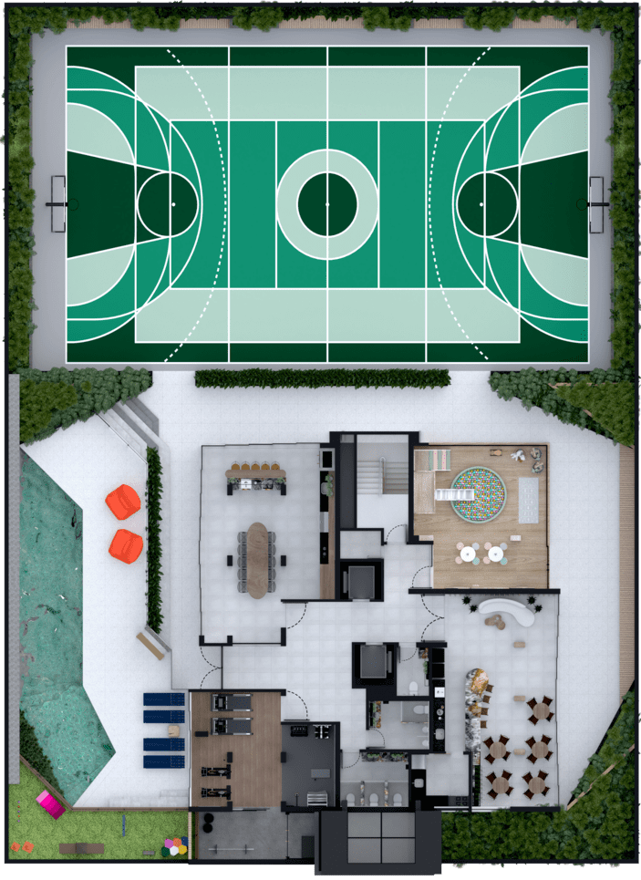 Planta humanizada da área de lazer do Van Gogh Residencial