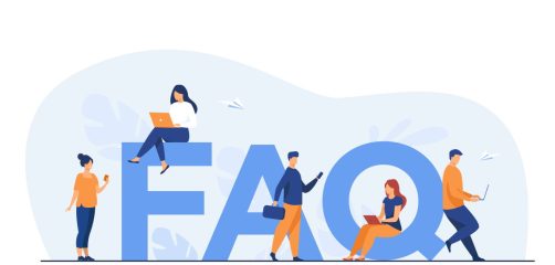 Tiny people sitting and standing near giant FAQ isolated flat vector illustration. Cartoon users asking questions and getting answers. Help, instruction and support information concept
